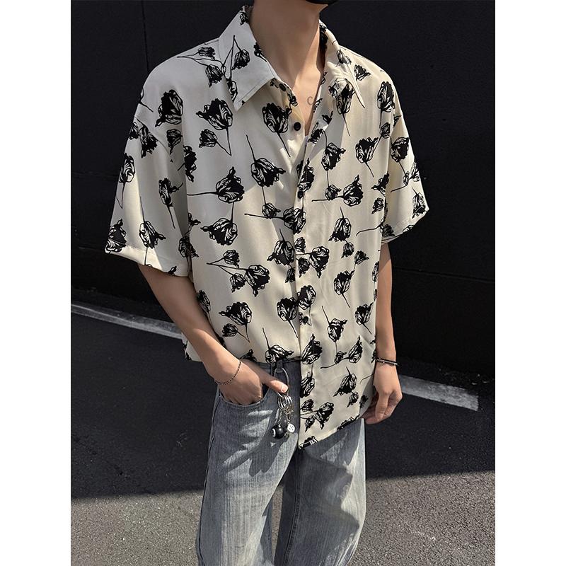 

Men s Floral Print Short Sleeve Shirt - Casual Oversized Button Down M білий