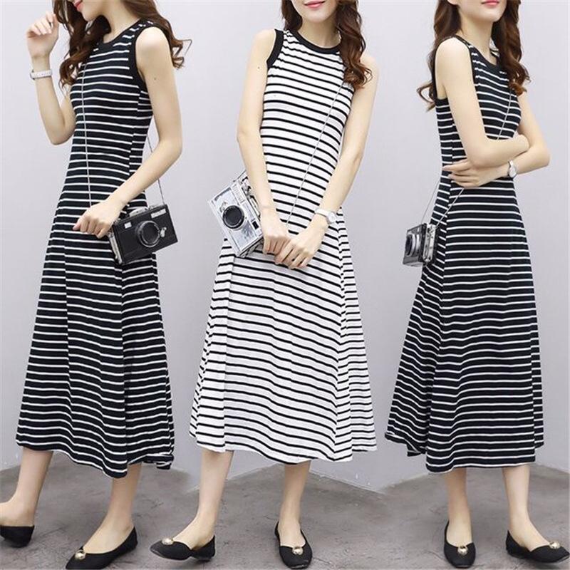 Korean Retro Striped Sleeveless A-line Dress for Women