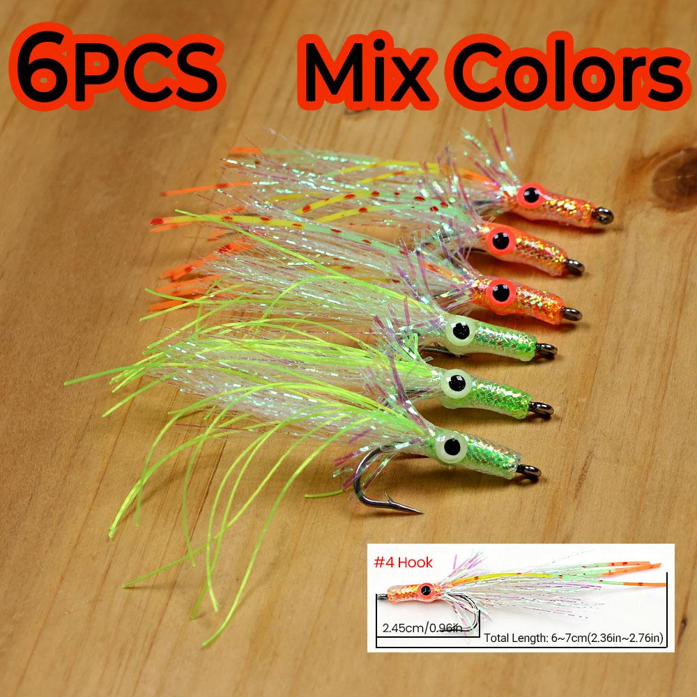 

6PCS UV Squid Fly Fishing Lure with Glow 3D Eyes Soft Silicone Tail Flash Streamer for Saltwater Freshwater Bass Trout
