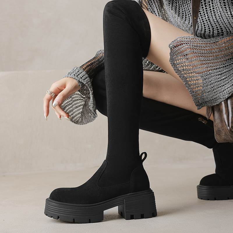 Krazing Pot Microfiber Autumn Winter Shoes Thick Bottom Flat Platform Size 43 Long Boots Zipper Over-the-knee Boots