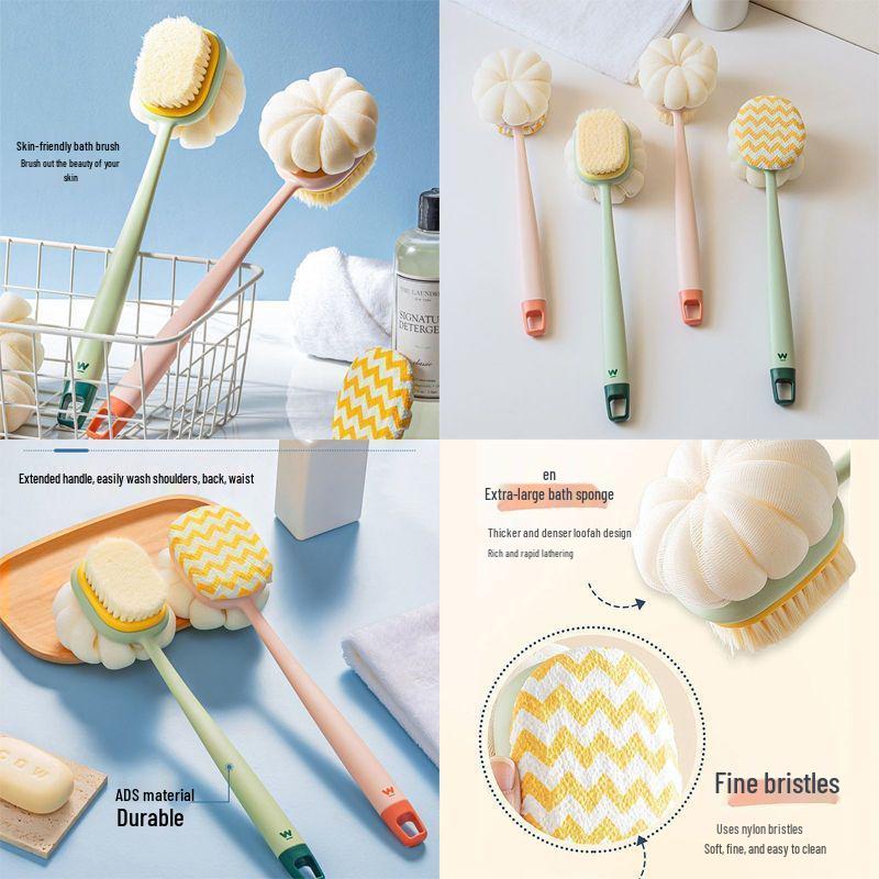 Dual-Function Back Scrubber: Soft Bristle Brush with Long Handle and Bath Towel for Men & Women Single-sided Brush: Brush Head, White Handle