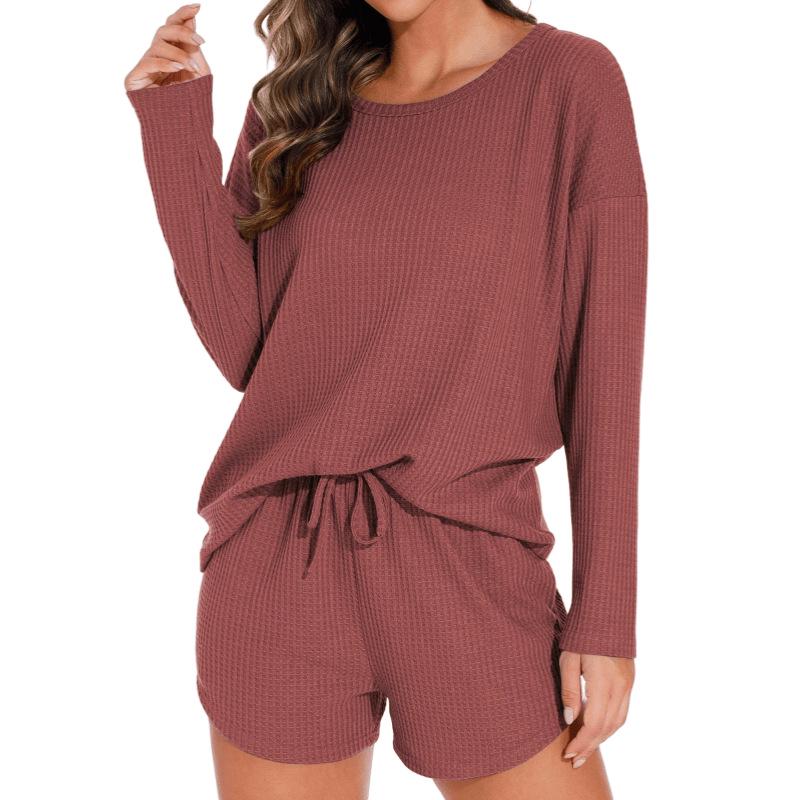 Waffle Knit Women's Long Sleeve Pajama Set with Shorts, Casual and Versatile for Outerwear