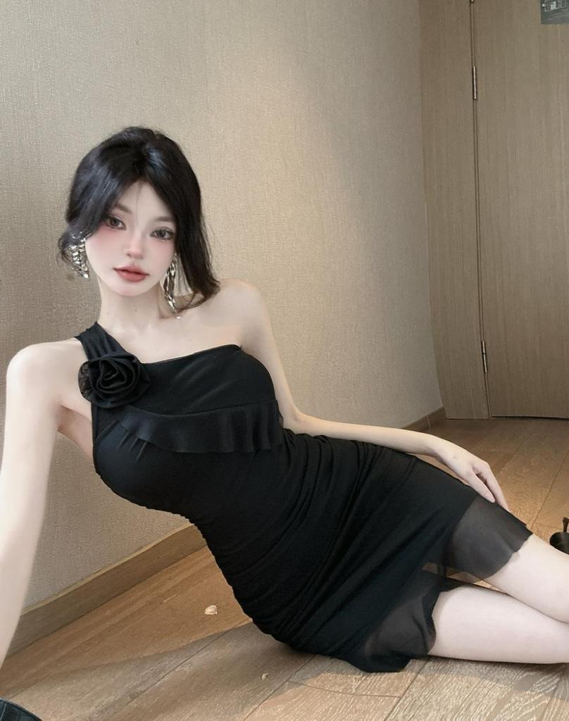 Sexy One-Shoulder Mesh Ruffled Slip Dress