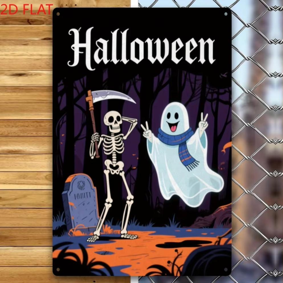 1pc 2D Flat Vintage Halloween Metal Sign - Skeleton Forest Iron Decor, Perfect for Bar/Living Room Holiday Parties