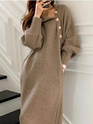 Vintage Turtleneck Buttons Long Sleeve Long Dresses Winter Fashion Casual Loose Knitwear Warm Women Knitted Dress