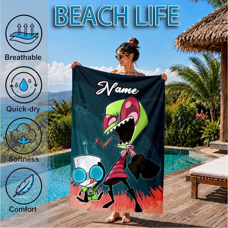 Custom Name Alien Expressions Collection Heart In Space Adventure Microfiber Beach Towel, Lightweight for Summer Travel, Swimming Pool Fan Gift