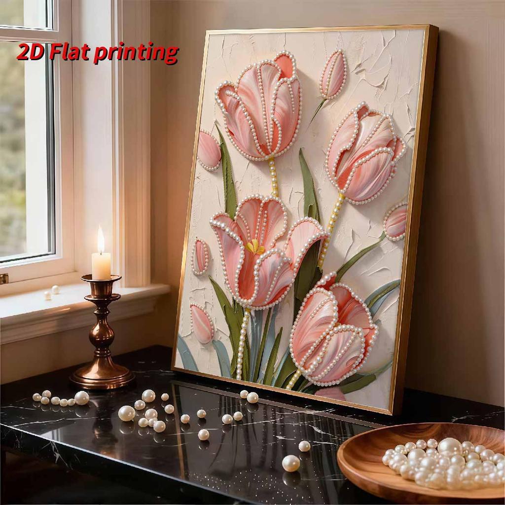5D DIY Frameless Pearl Painting Pink Flowers Pattern Painting Kit, Suitable for Home Living Room Bedroom and Other Wall Decoration Art Paintings