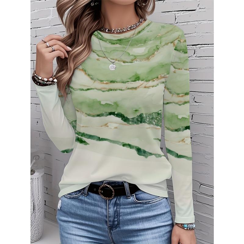 Women's Autumn Long-Sleeve T-Shirt, Marble Print, Street Style Casual Crew Neck Pullover, Loose Fit Outdoor T-Shirt