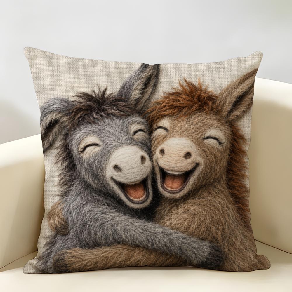 Funny Donkey Couple Cushion Cover Natural Linen Organic Fabric Double-Sided Printing Breathable For Home Decor