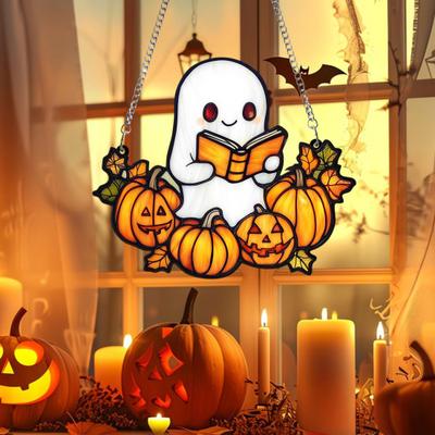 Halloween Cute Ghost Suncatcher Stained Glass Style Acrylic Window Hanging Ghost Light Catcher for Window Wall Decor
