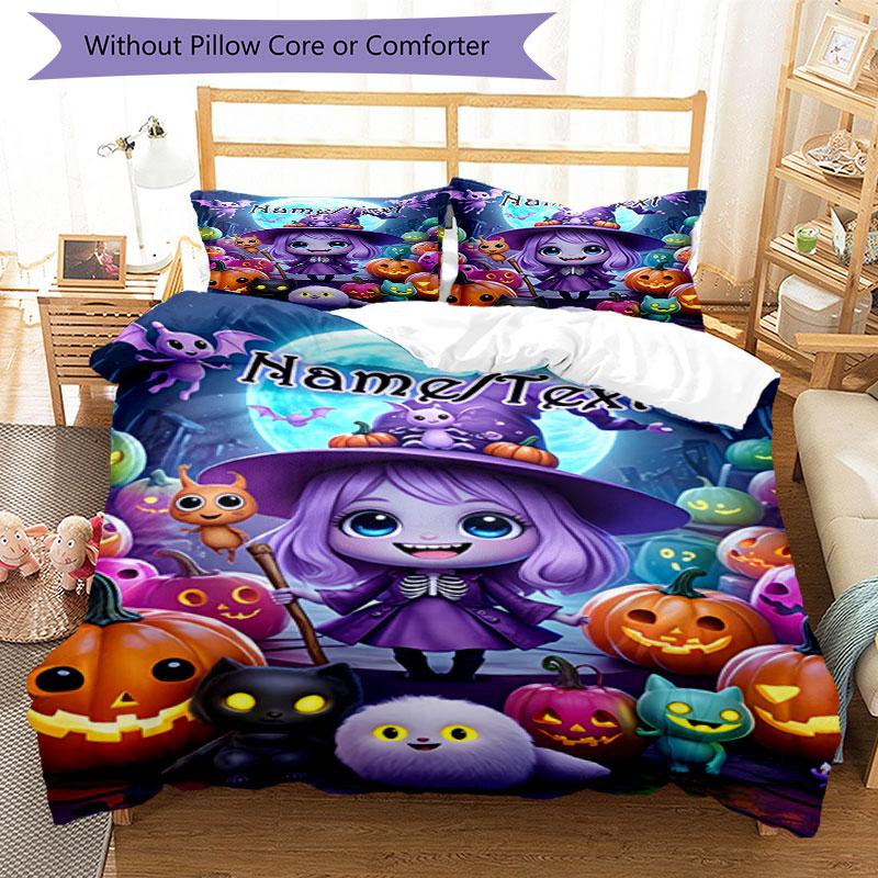 3PC Custom Name Halloween Night Adventure Bedding Set Printed Bedding Set Duvet Cover Closure Includes 1 Duvet Cover & 316 Pillowcases for Bedroom