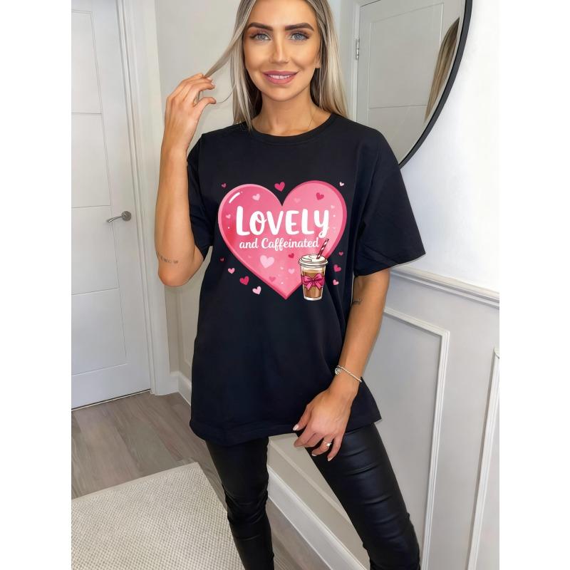Oversized T Shirt Black Lovely And Caffeinated Heart Coffee Cup Print Casual Wear For Women Summer Outfit Trendy Graphic Tee