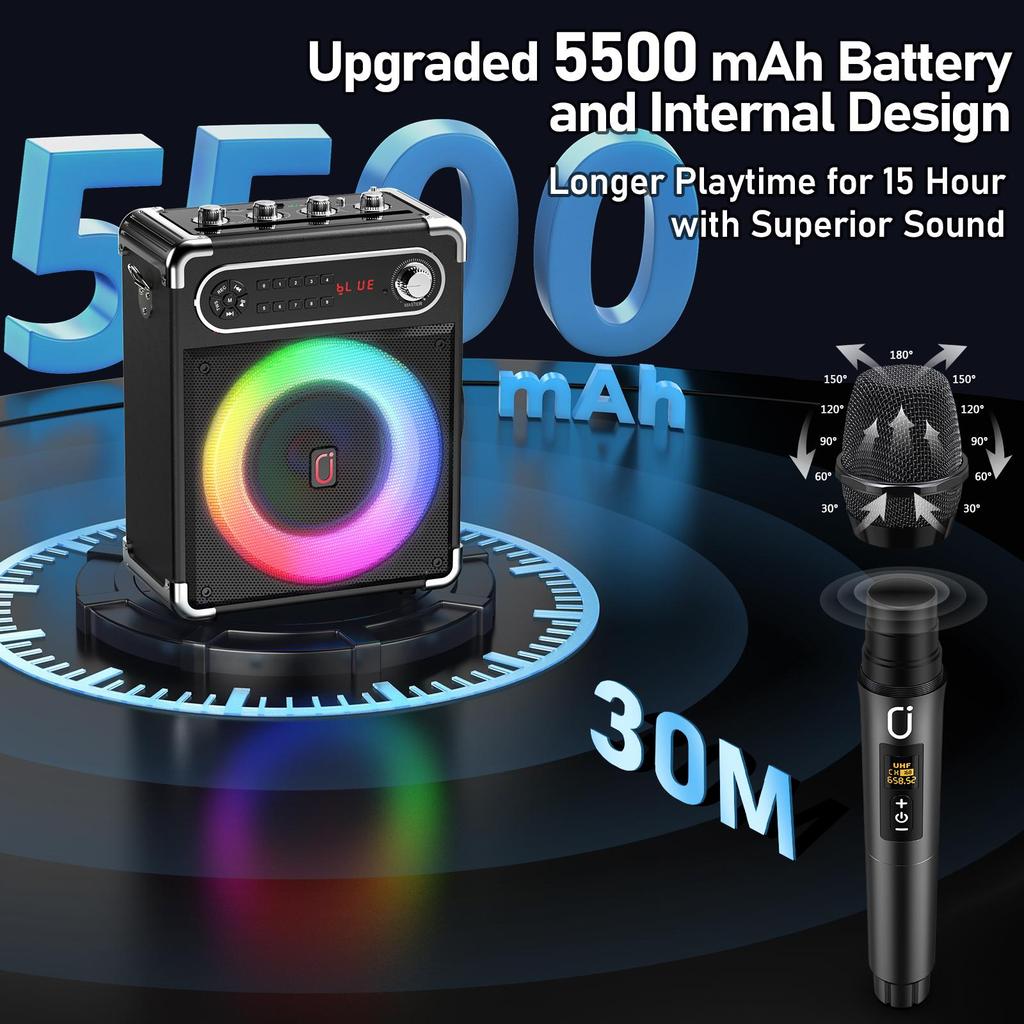 Karaoke-Maschine mit zwei drahtlosen Mikrofonen, tragbarer Bluetooth-Lautsprecher mit Bass-/Höhenregelung, PA-System mit Fernbedienung