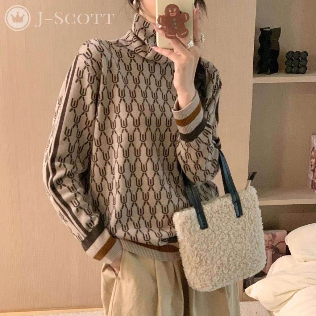 Knit Geometric High Long Drop J-Scott Women's Sweater, Print, Neck, Sleeves, Shoulder, Pullover, Beige, JS121-BG-M