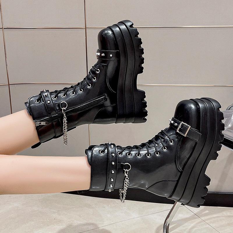 Fashion Platform Thick Gothic Boots Lady Buckle Autumn Shoes Women Wedges Mid-calf Boots Punk Street Cosplay Chain Motorcycle Botas
