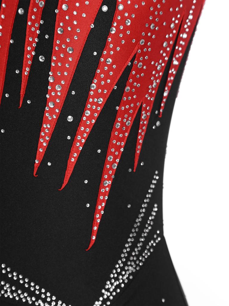 Women Shiny Rhinestone Ballet Dance Leotard Rhythmic Gymnastics Athletic Activewear Competition Costume Sheer Mesh Bodysuit