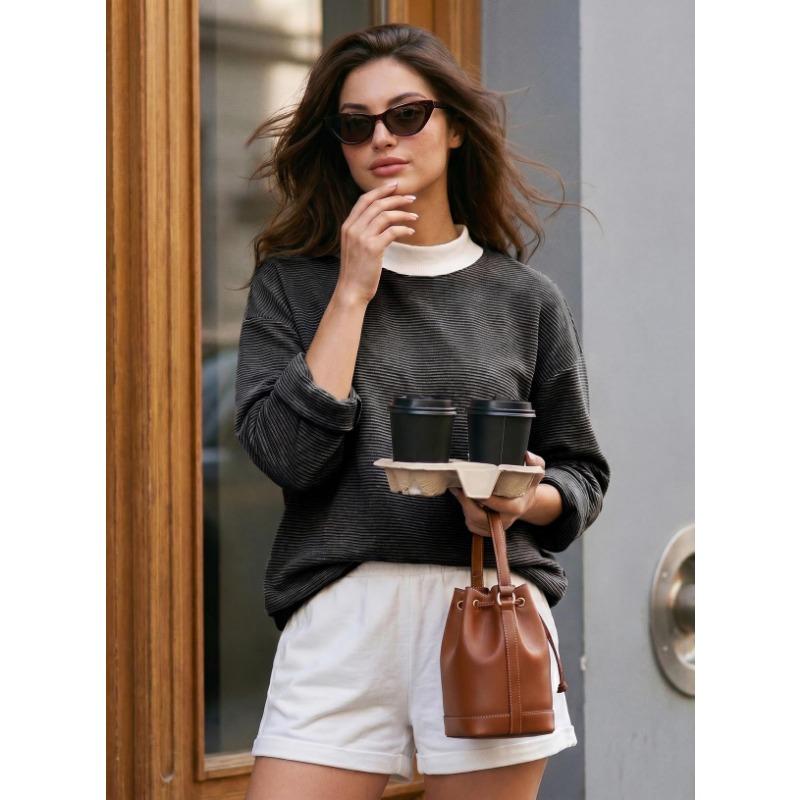 Women S Round Neck Fleece Striped Long Sleeve Loose Top