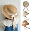 Children Straw Hat, Ribbon Bowknot Decor Wide Brim Beach Hat, Furry Trim Round Shape Summer Hat for Outdoor Play Travel