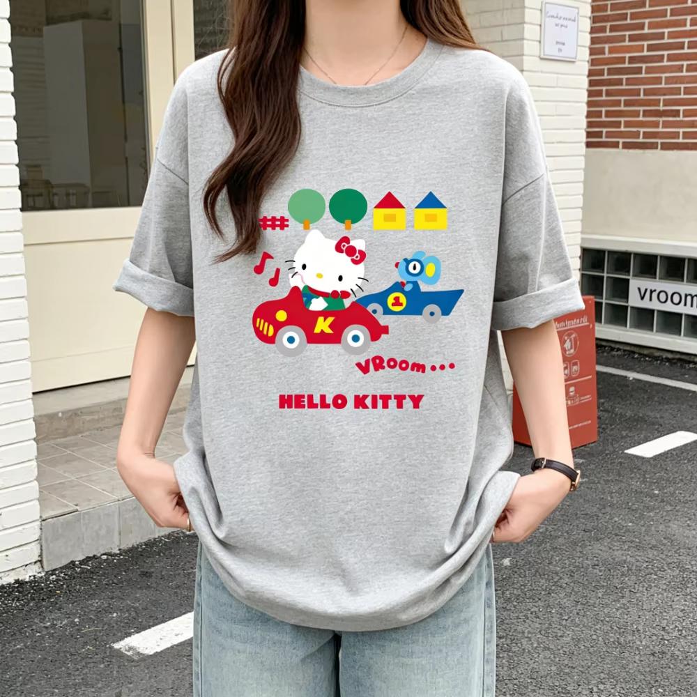 2026 Summer Hello Kitty Cartoon Printed Short Sleeve Pure Womens Comfortable summer loosefitting Womens clothing
