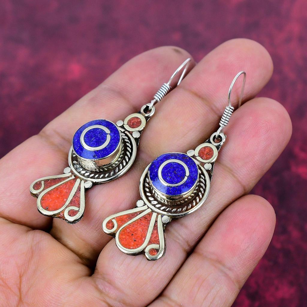 Lapis Lazuli & Coral 925 Solid Sterling Silver Nepali Earrings, Handmade Gemstone Earrings Jewelry, Gifts For Wife Brand New Earrings