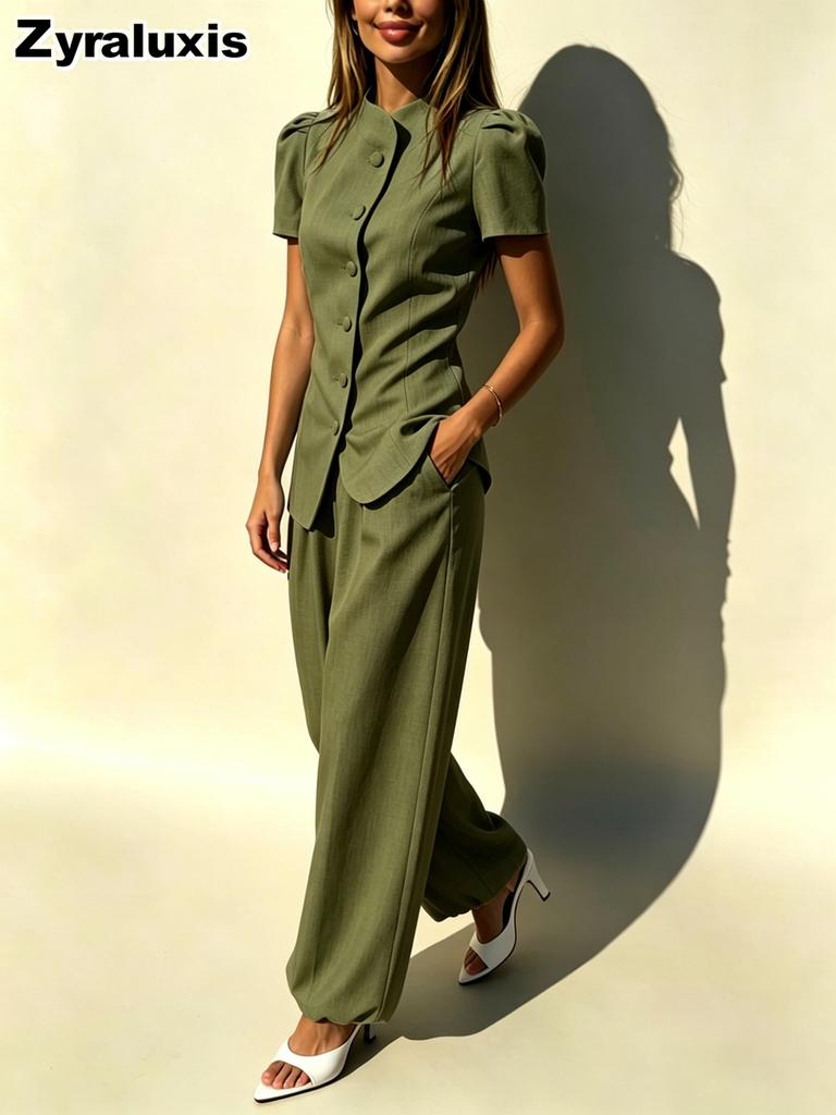 New Fashion Elegant Design Jacket Top High Waist Casual Long Pants Women's Set