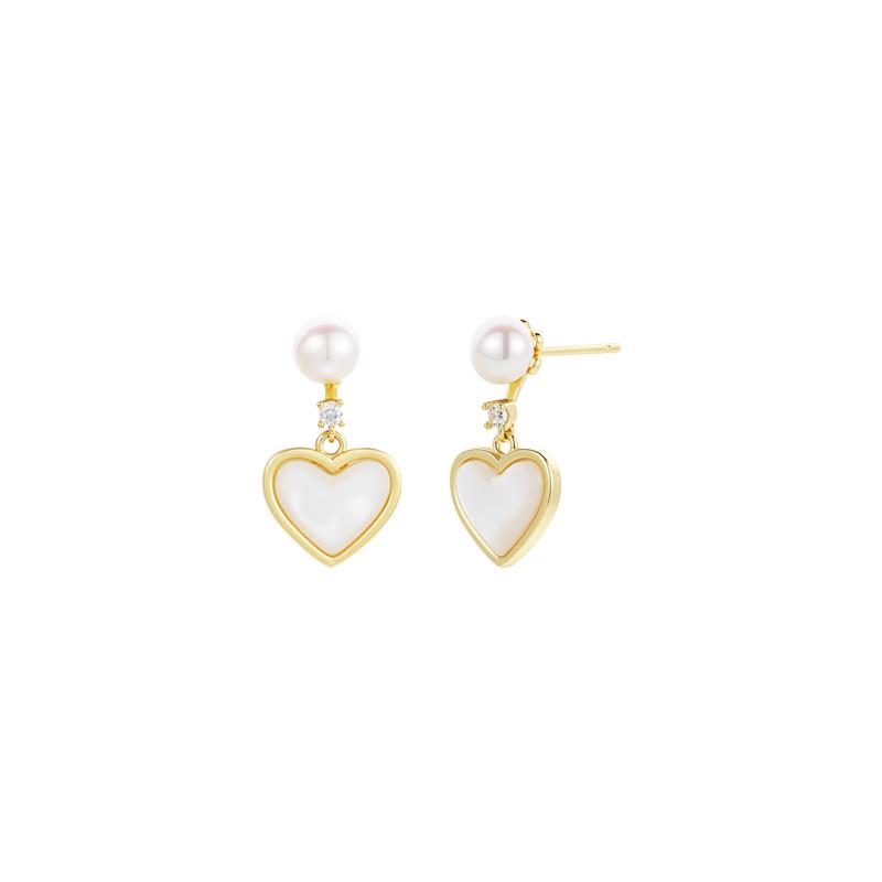 S925 Women s Elegant Heart & Pearl Stud Earrings with Cat s Eye Stone золотой