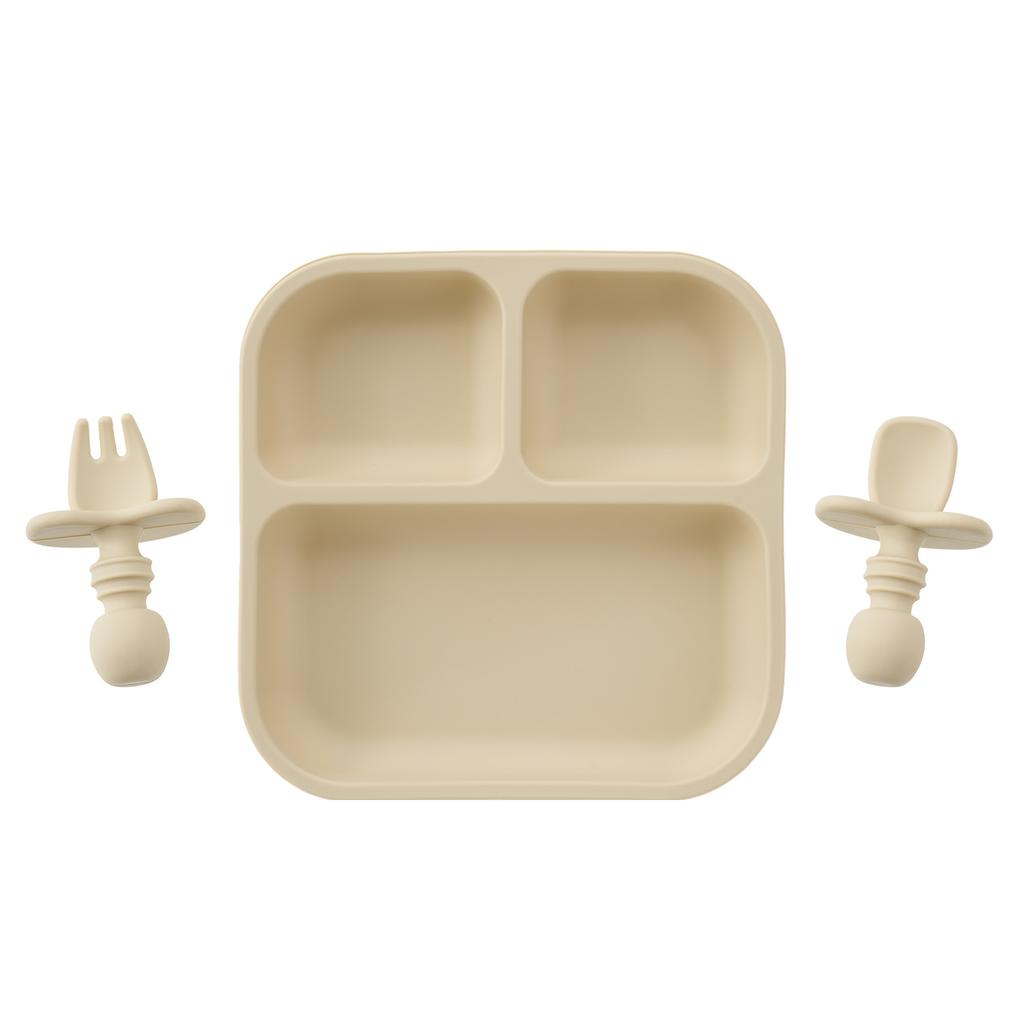 Color Kids 3PC BPA-Free Silicone Baby Feeding Set Sucker Dishes Plates Training Fork Spoon Weaning Tableware Kids Christmas Gift