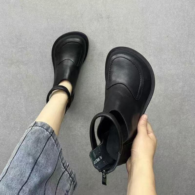 New Women's Black Ankle Boots with Round Toe Flat Shoelaces and Ankle Straps | Retro Style Lightweight Commuting Boots