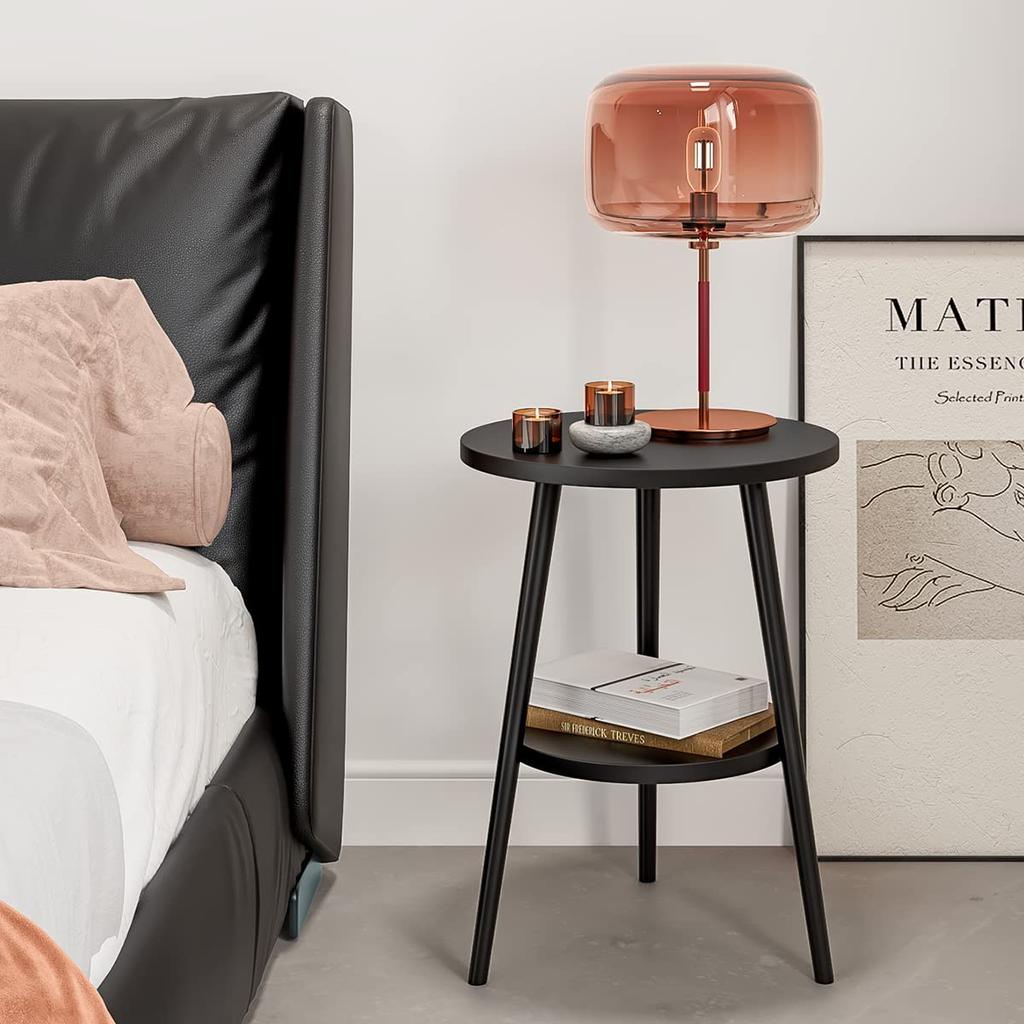 Side Table, Bedside Table, Living Room Side Table with Shelf, Storage, Round, Slim, Scandinavian Style (Black, 38*38*55cm)