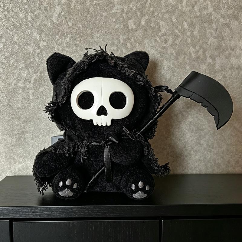 Grim Reaper Cat Plush Keychain Dark Style Skull Cat Doll Pendant With Scythe For Backpack Halloween Party Decoration Gift