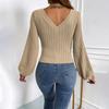 GMXIA Women's Fashion Casual Solid Color Print Autumn Winter Long Sleeve V-Neck Slim Temperament Commuter Twist Knitting T-shirt