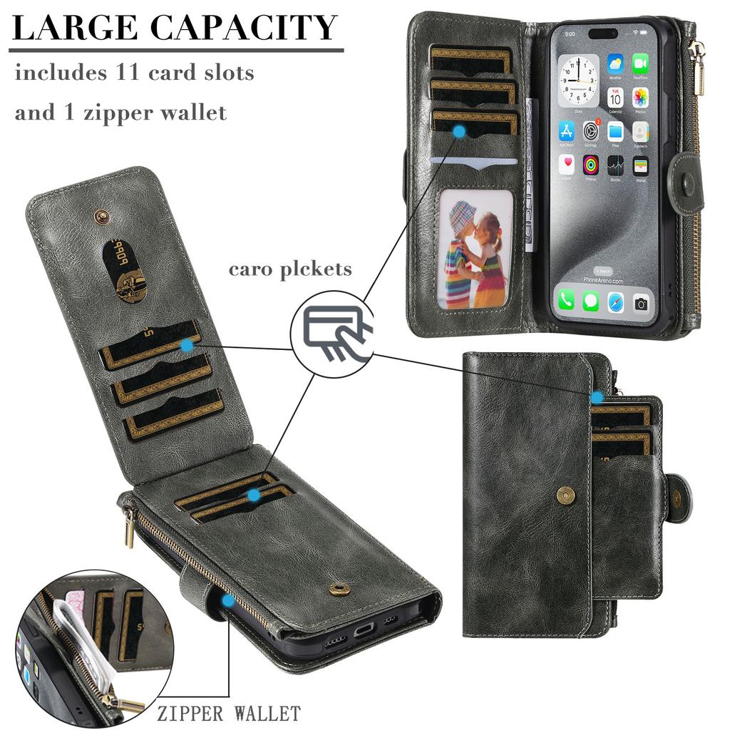 For iPhone 16 Pro Max Magnetic Case Detachable PU Leather Zipper Wallet Cover