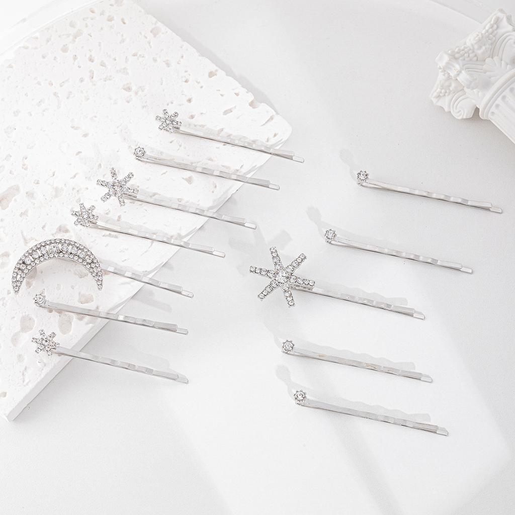 Alloy electroplating one-word clip European and American jewelry, moon headgear, snowflake stacked hairpin set for women