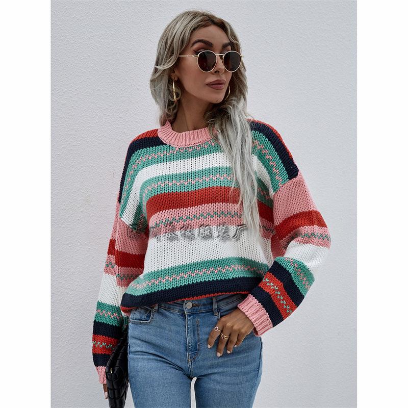 Autumn new women s clothing rainbow intercolor knitted sweater pullover women s clothing loose sweater women S