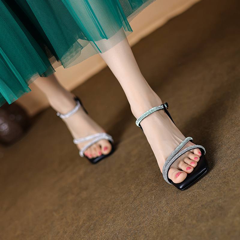 Krazing Pot Vollnarbenleder Peep Toe Stiletto High Heels Kristallperlen Sommer Schuhe Größe 44 Größe 43 Damen Luxus Sandalen