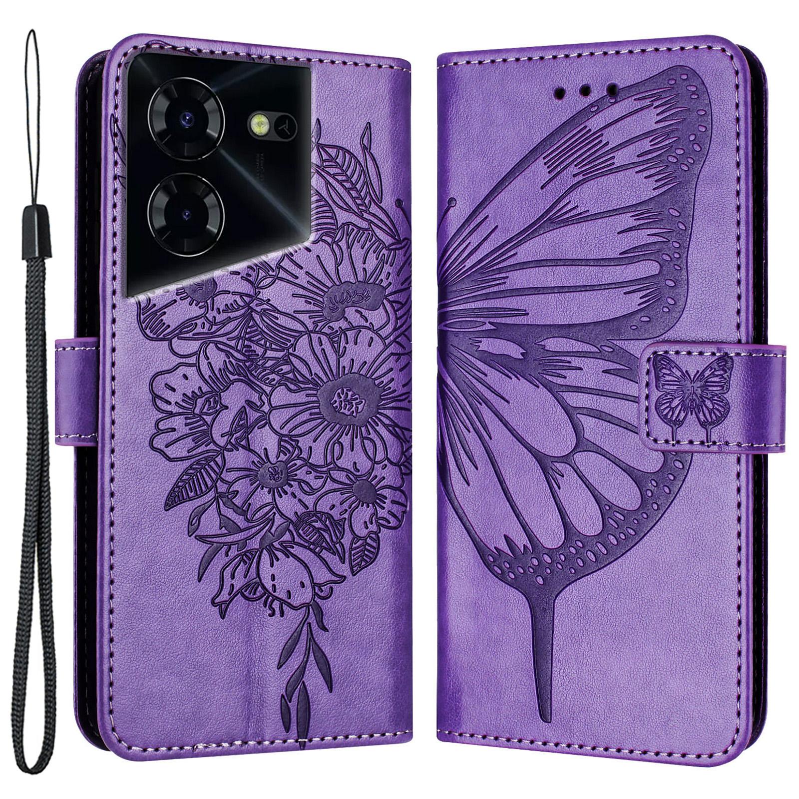 

Чехол-кошелек для TECNO Pova 5 4G с ремешком на запястье, кожаный чехол для телефона с тиснением в виде бабочки Purple