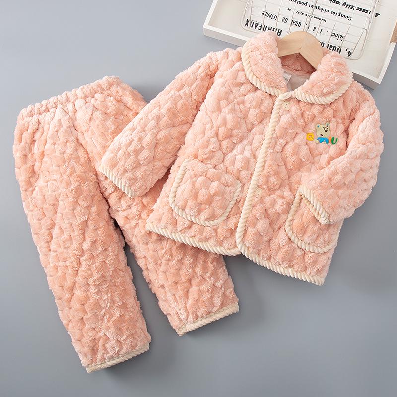 Children's Winter Flannel Pajamas: Thick Coral Fleece, Three-Layer Quilted, Parent-Child Matching Set