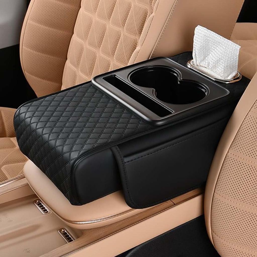 Car Armrest Cushion for SUV with Cup Holder 2.75" Height,5-in-1 Center Console Cover with 2 Storage Bags, Tissue Box Slot, Phone Slot for Sedans, Car