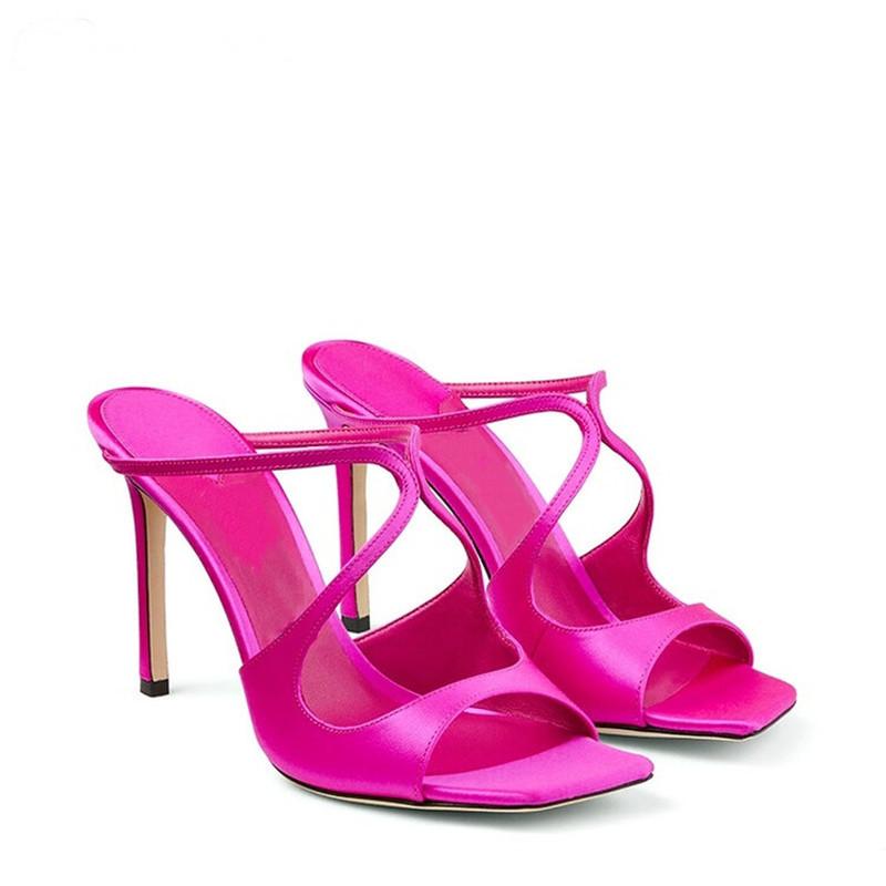 Catwalk Mode Sandalen Satijn Kruisbanden Vierkante Neus Dunne Hoge Hakken 10cm Damesschoenen Groot 34 -43 Zwart Rozerood Kwaliteitssandalen