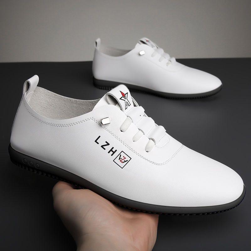 Genuine Leather Cowhide Men's Leather Shoes Summer New Breathable Deodorant Strap-free White Casual Shoes Soft Sole Soft Surface Leather Shoes
