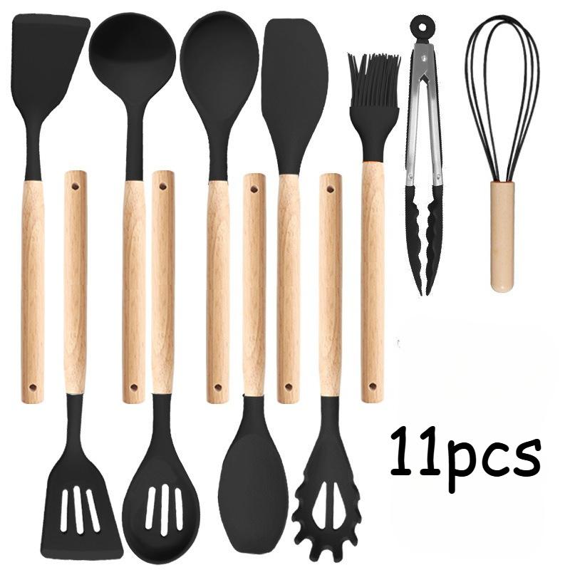 11pcs Silicone Kitchen Utensil Set with Wooden Handles Cooking & Baking Tools Including Non-Stick Spatula, Ladle, Whisk