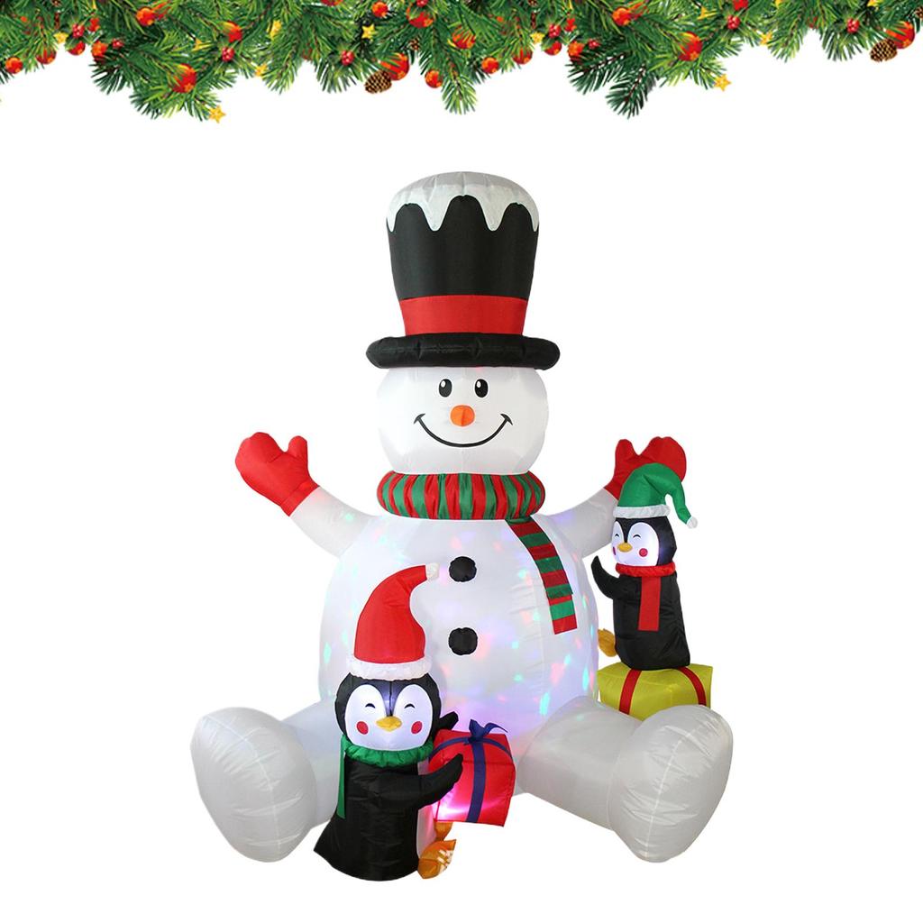 Christmas Inflatable Sitting Snowman 7ft Waterproof Night Lighting Decor With 2 Penguins Built-in Rotating RGB LED Lights
