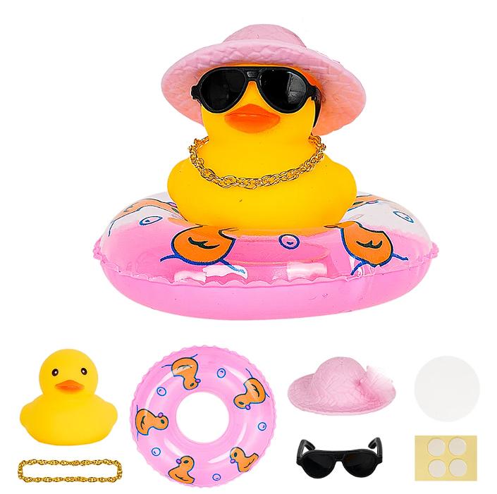 Car Duck Car Rubber Dashboard Decorations Ornament Yellow Rubber Duck with Mini Swim Ring Sun Cowboy Hat Necklace