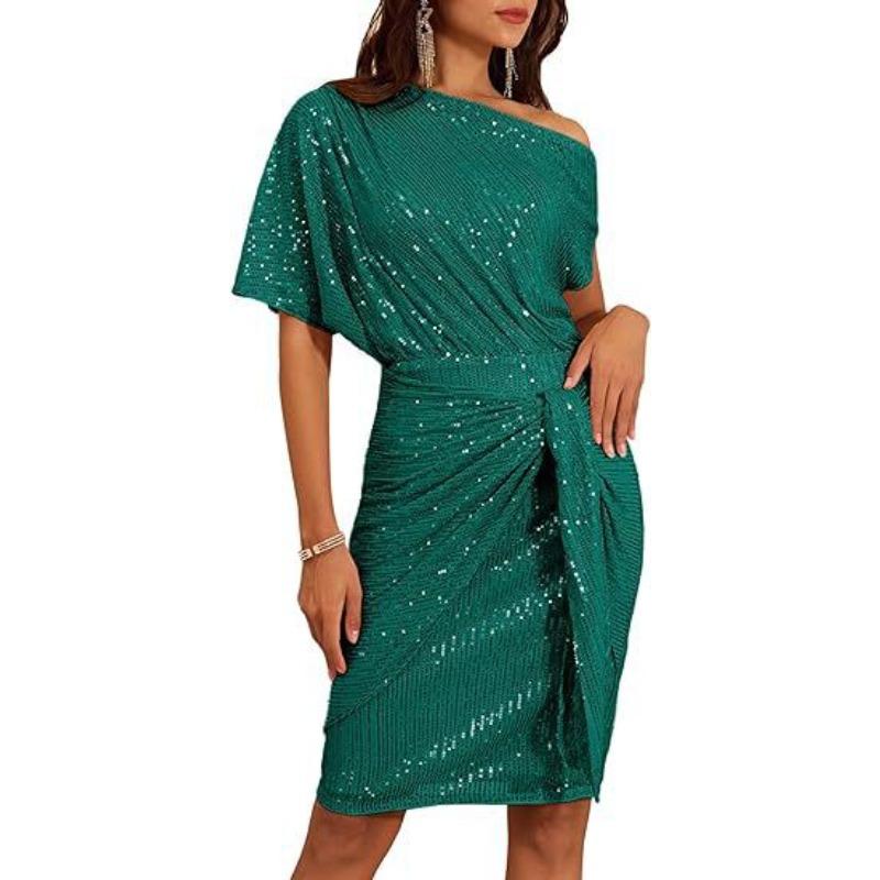 Ladies Trimmed Shiny Party Club Shoulder Folds Toast Dress Fashion Dress