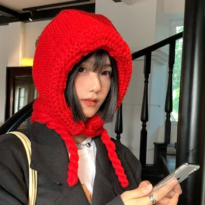 Sweet and Cute Little Red Riding Hood Female Autumn and Winter Knitted Wool Lace-up Ear Protection Hat Warm Versatile Hat Tide
