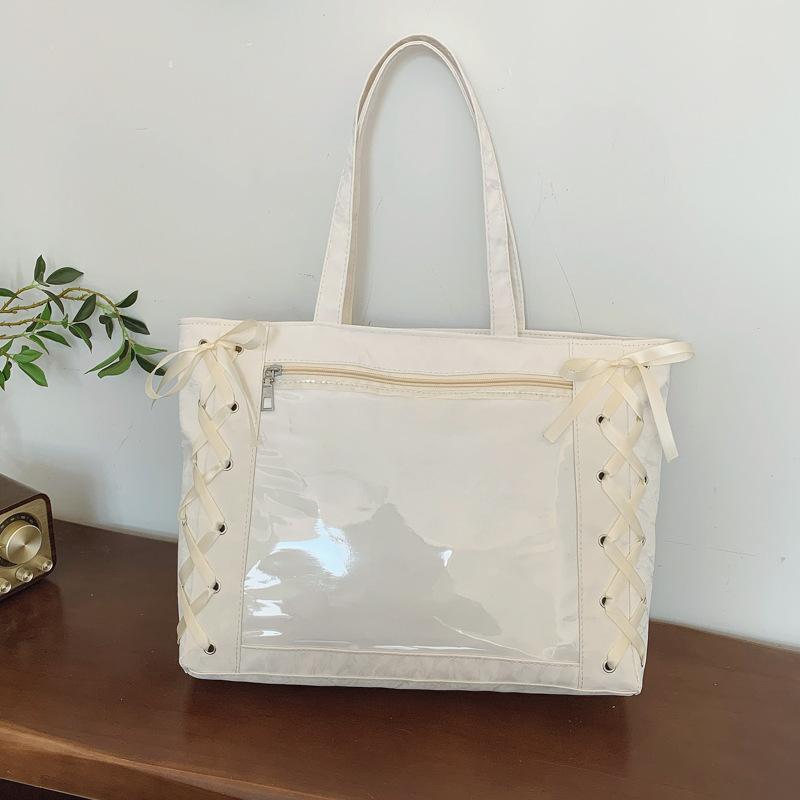 Large capacity bag 2026 new Japanese soft girl ribbon bow portable pain bag transparent shoulder bag