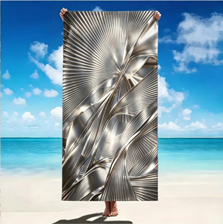 Large Microfiber Beach Towel, Black Silver Abstract Fan Leaf Print, Sand Free & Quick Dry, for Modern Summer Use