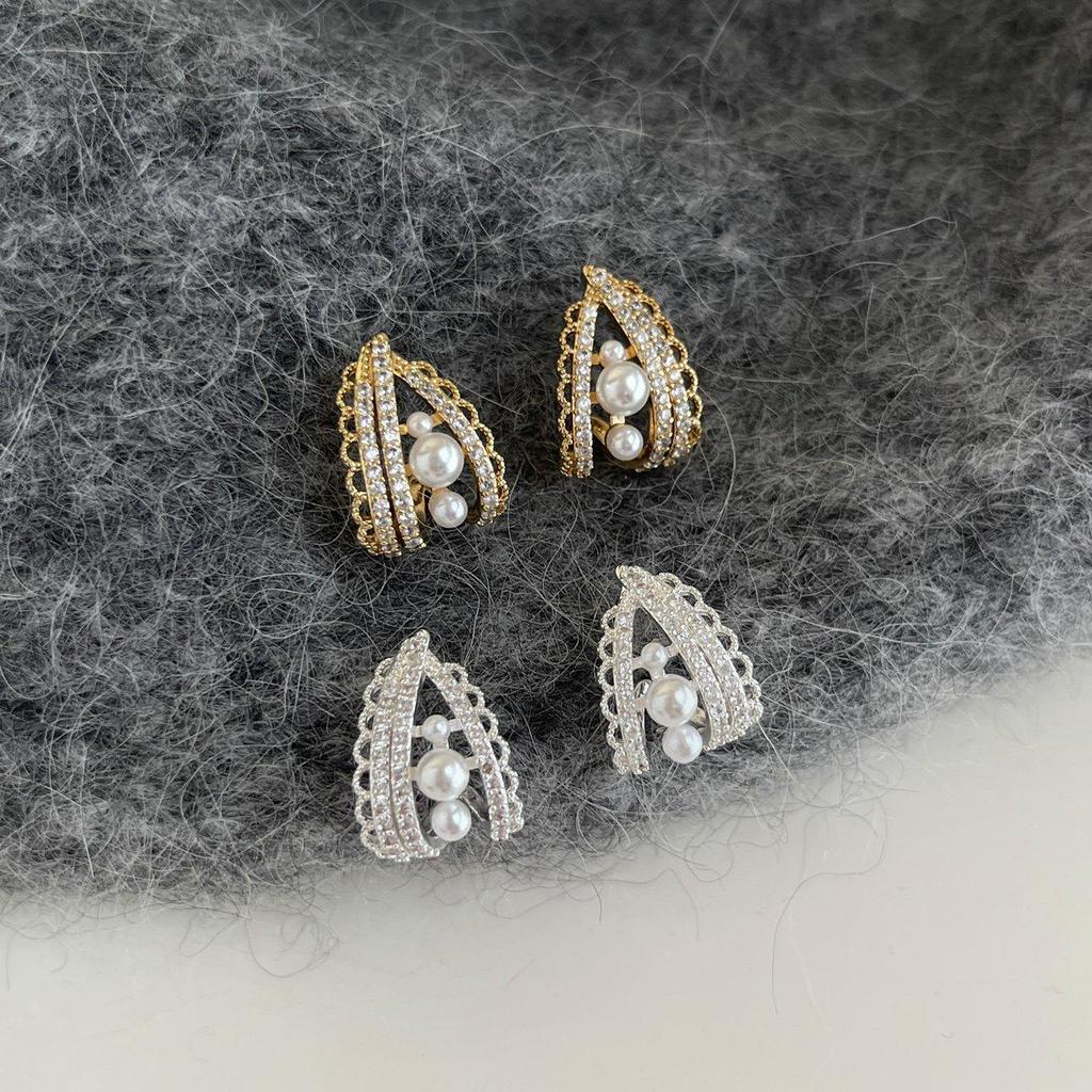 French Pearl & Zircon Earrings: Women's Light Luxury Lace Edged Studs, Hoops, and Clips.