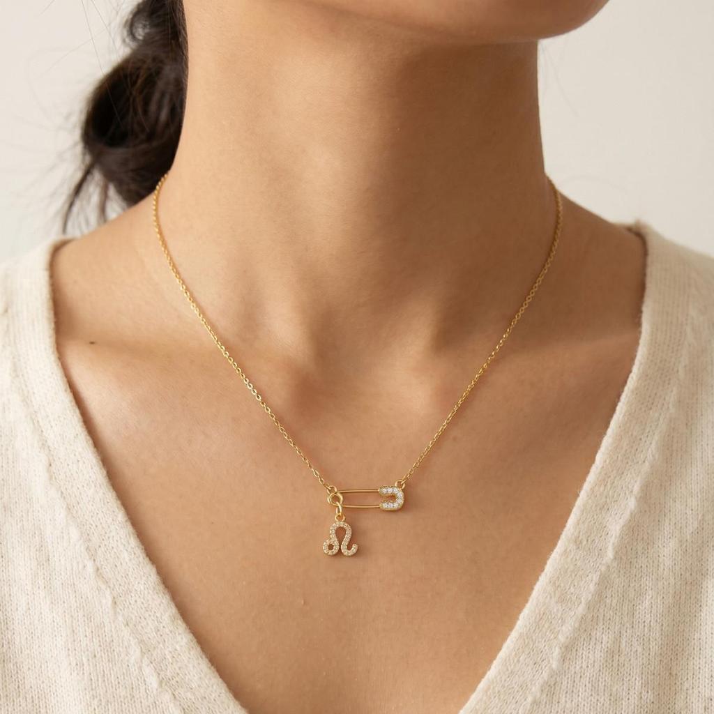 Zodiac Necklace Gold Plated Stainless Steel Chain Safety Pin 12 Constellation Horoscope Pave CZ Pendant Waterproof