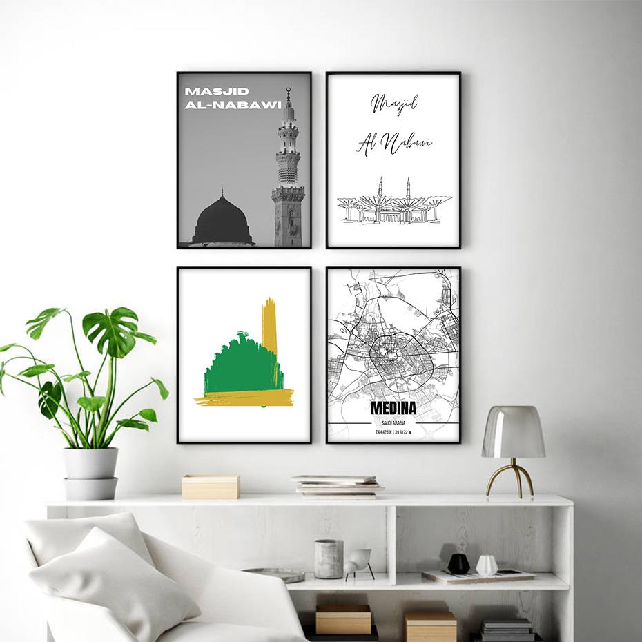 Islamic Medina Masjid Al-Nabawi Map Architecture Modern Poster Ramadan Muslim Wall Art Canvas Painting Print Home Decor
